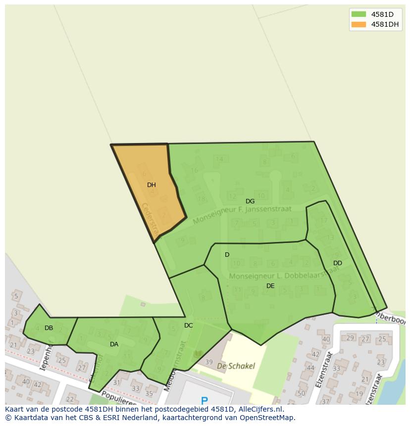 Afbeelding van het postcodegebied 4581 DH op de kaart.