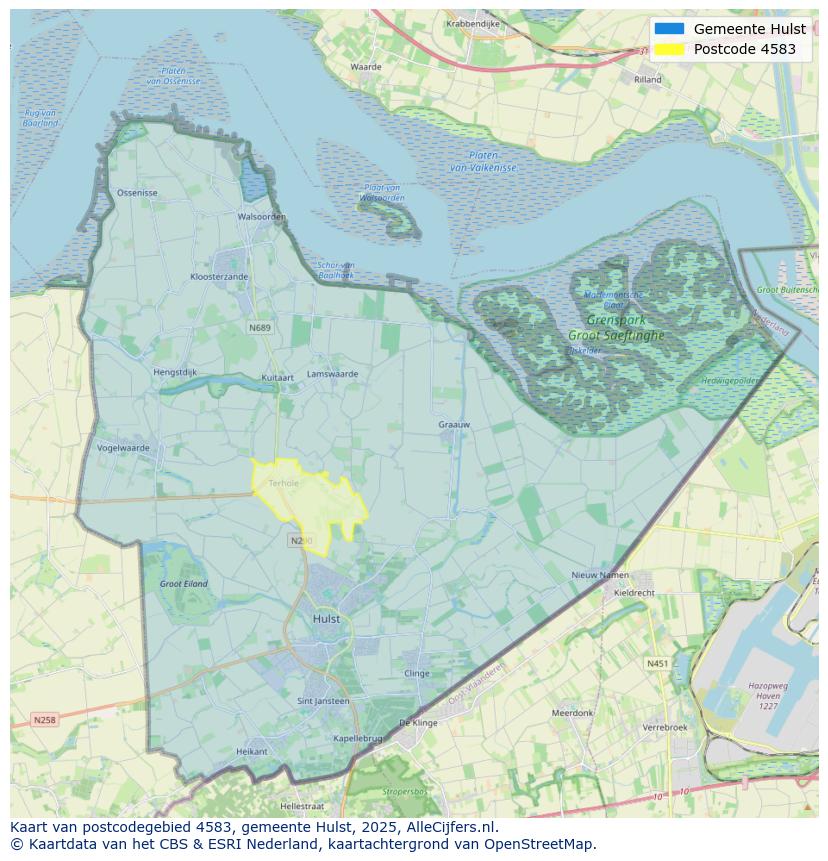Afbeelding van het postcodegebied 4583 op de kaart.