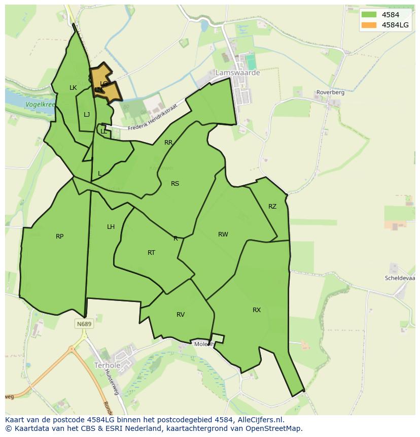Afbeelding van het postcodegebied 4584 LG op de kaart.