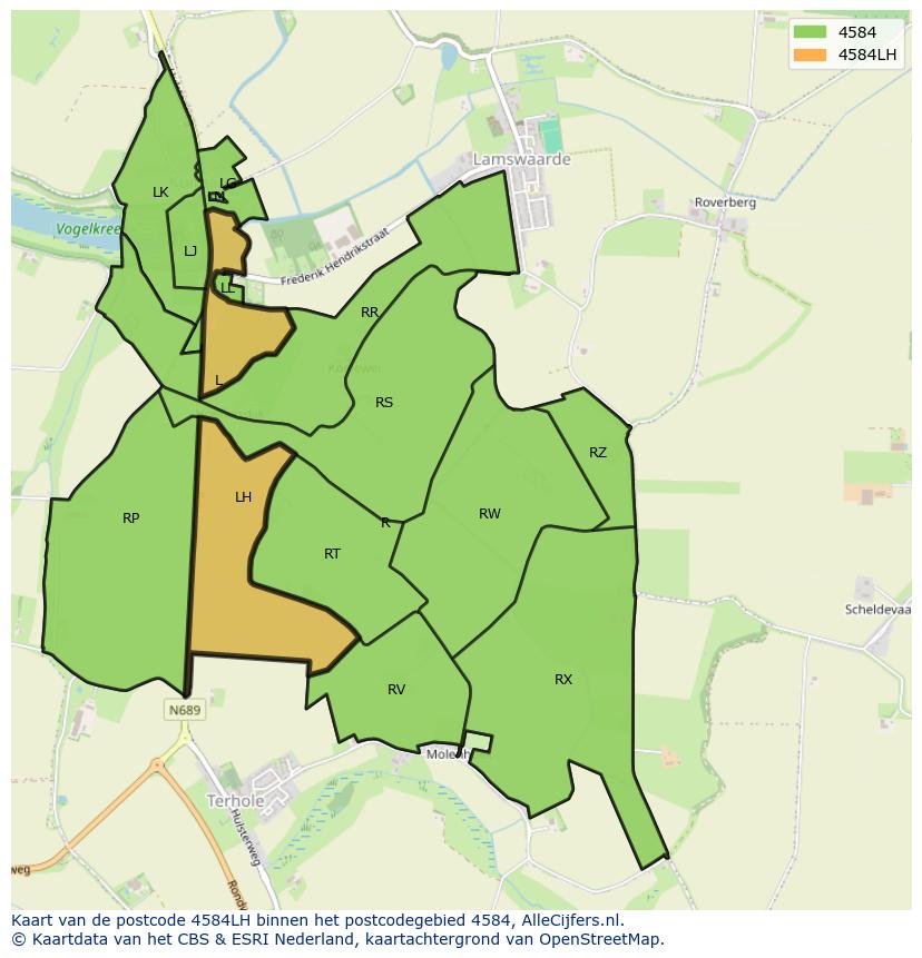 Afbeelding van het postcodegebied 4584 LH op de kaart.