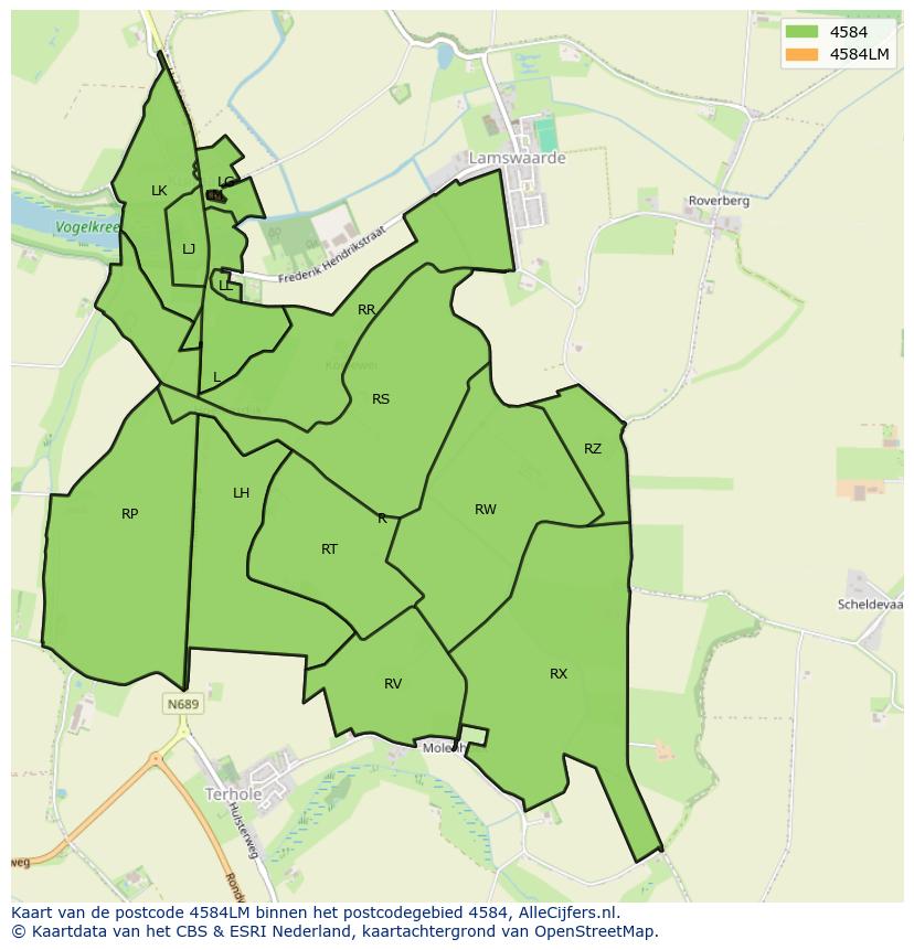 Afbeelding van het postcodegebied 4584 LM op de kaart.