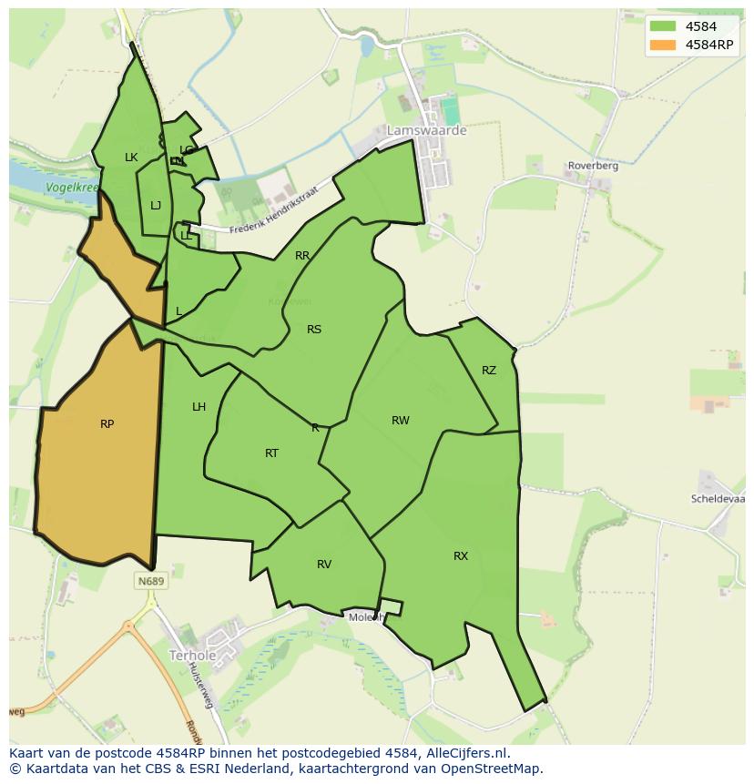 Afbeelding van het postcodegebied 4584 RP op de kaart.
