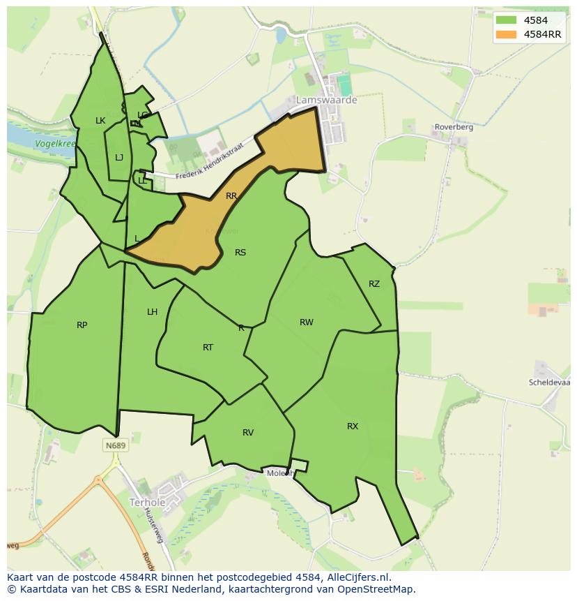 Afbeelding van het postcodegebied 4584 RR op de kaart.