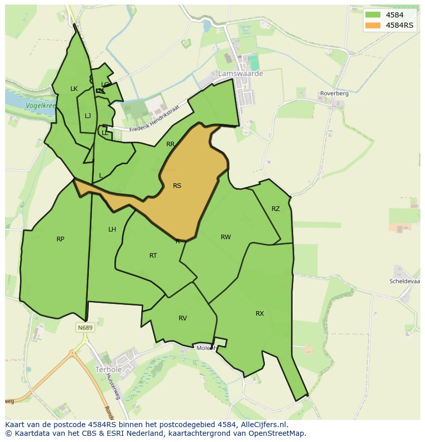 Afbeelding van het postcodegebied 4584 RS op de kaart.