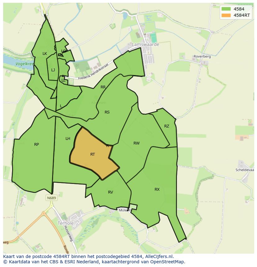 Afbeelding van het postcodegebied 4584 RT op de kaart.