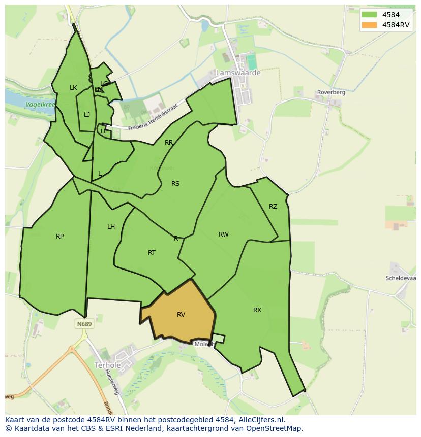 Afbeelding van het postcodegebied 4584 RV op de kaart.