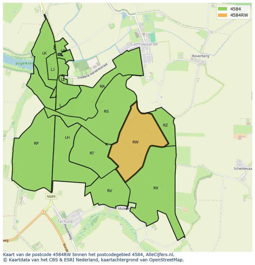 Afbeelding van het postcodegebied 4584 RW op de kaart.
