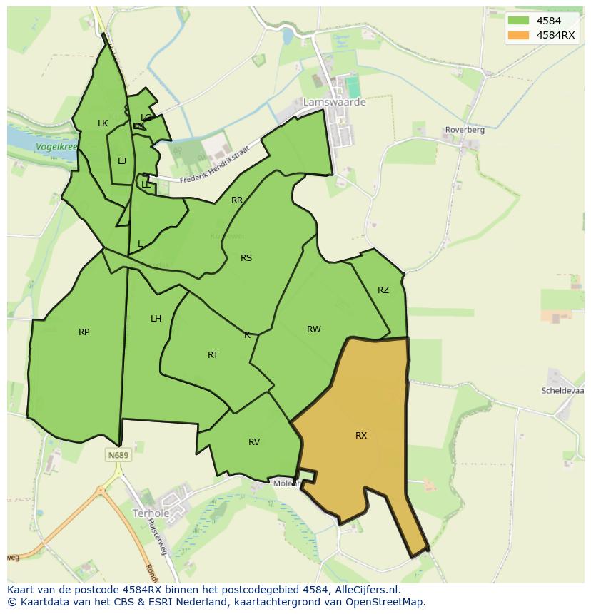 Afbeelding van het postcodegebied 4584 RX op de kaart.