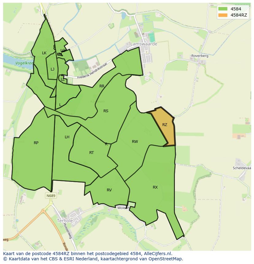 Afbeelding van het postcodegebied 4584 RZ op de kaart.
