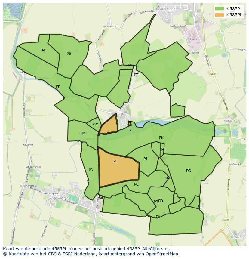 Afbeelding van het postcodegebied 4585 PL op de kaart.
