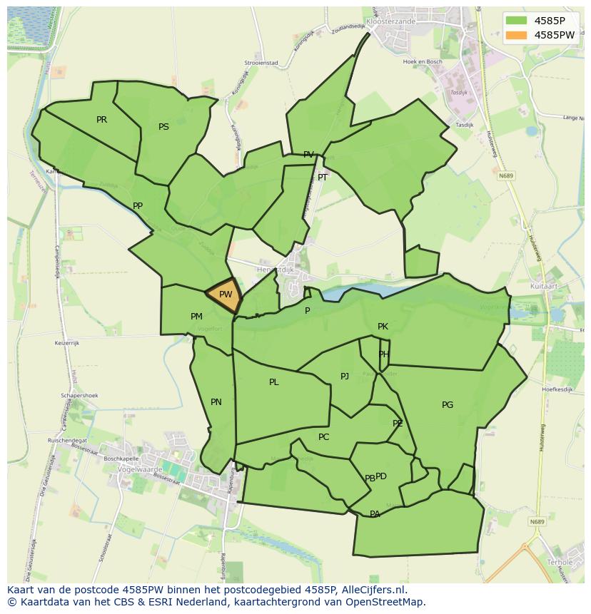 Afbeelding van het postcodegebied 4585 PW op de kaart.