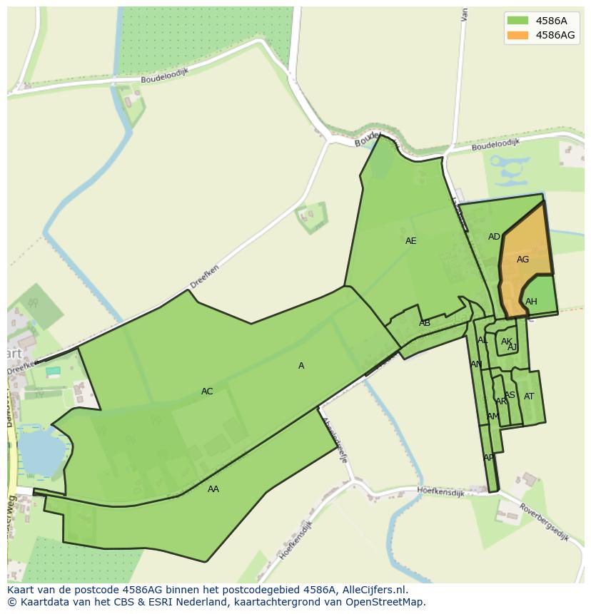 Afbeelding van het postcodegebied 4586 AG op de kaart.