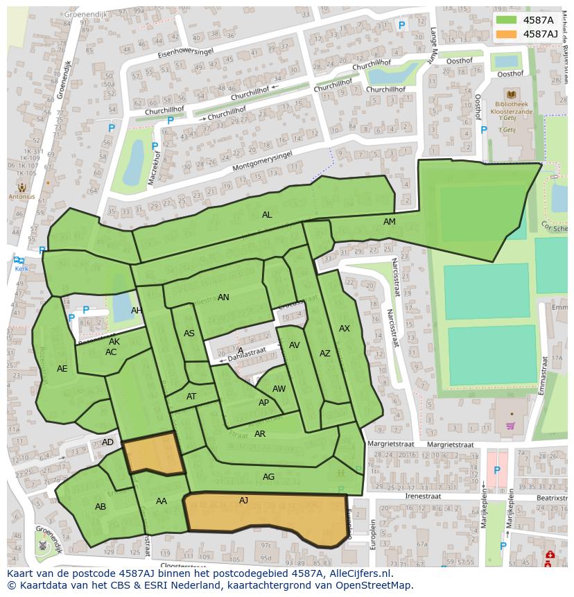 Afbeelding van het postcodegebied 4587 AJ op de kaart.