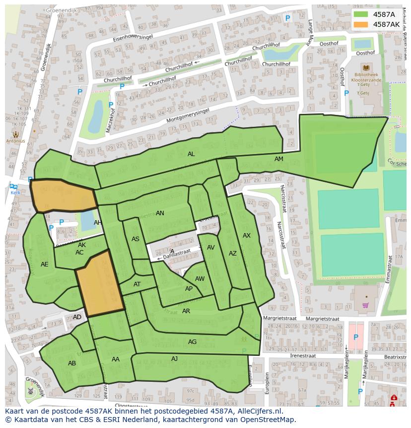 Afbeelding van het postcodegebied 4587 AK op de kaart.