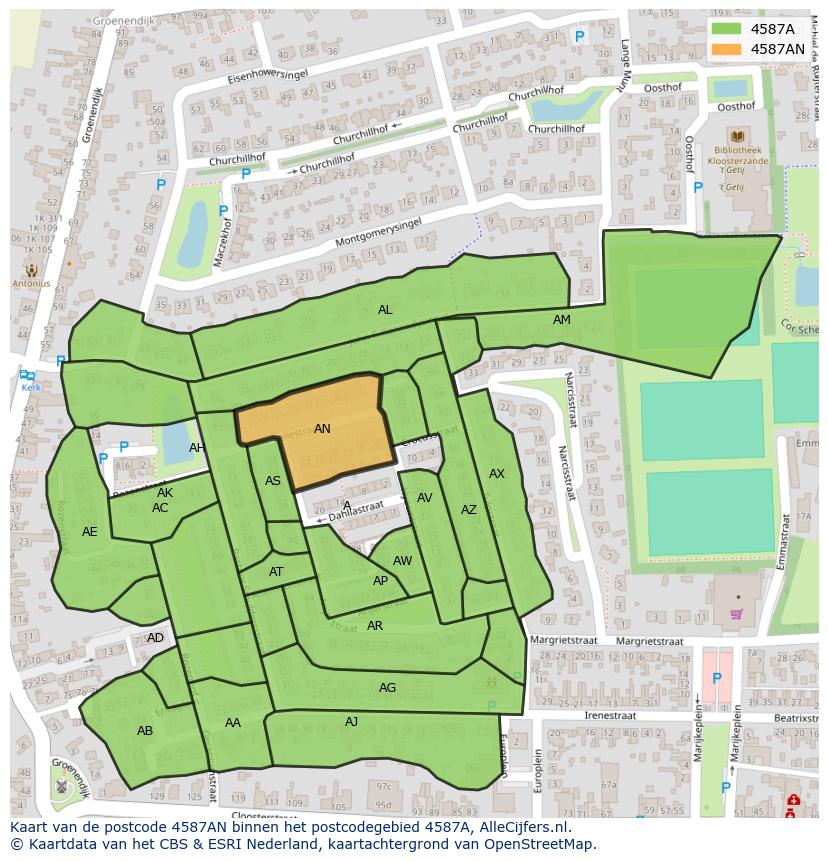 Afbeelding van het postcodegebied 4587 AN op de kaart.