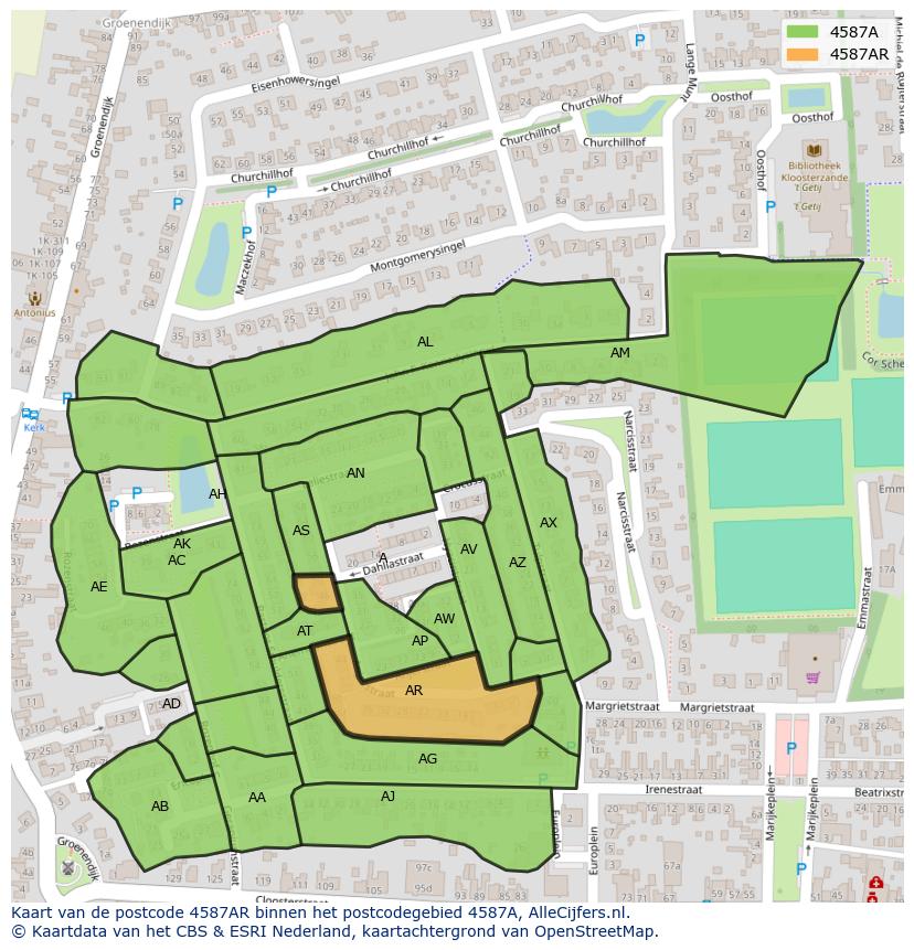 Afbeelding van het postcodegebied 4587 AR op de kaart.