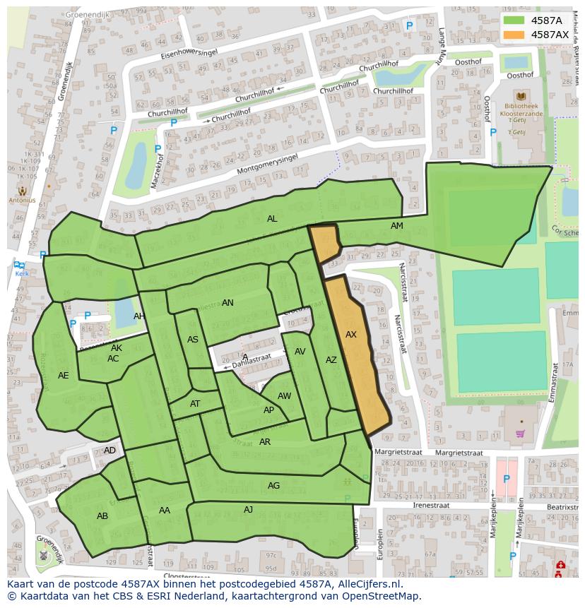 Afbeelding van het postcodegebied 4587 AX op de kaart.
