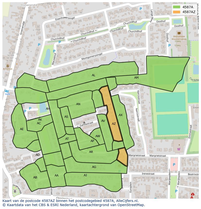 Afbeelding van het postcodegebied 4587 AZ op de kaart.