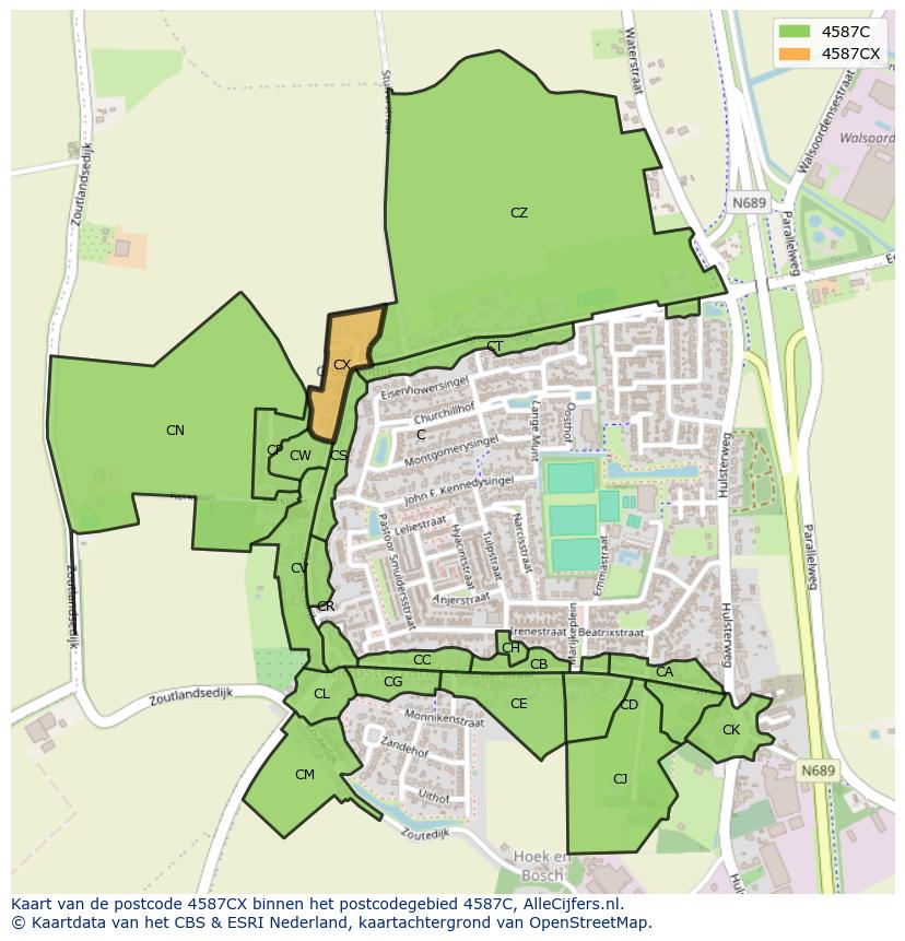 Afbeelding van het postcodegebied 4587 CX op de kaart.
