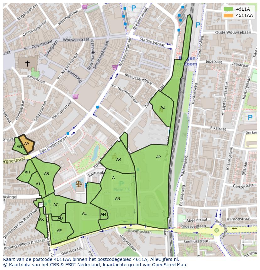 Afbeelding van het postcodegebied 4611 AA op de kaart.