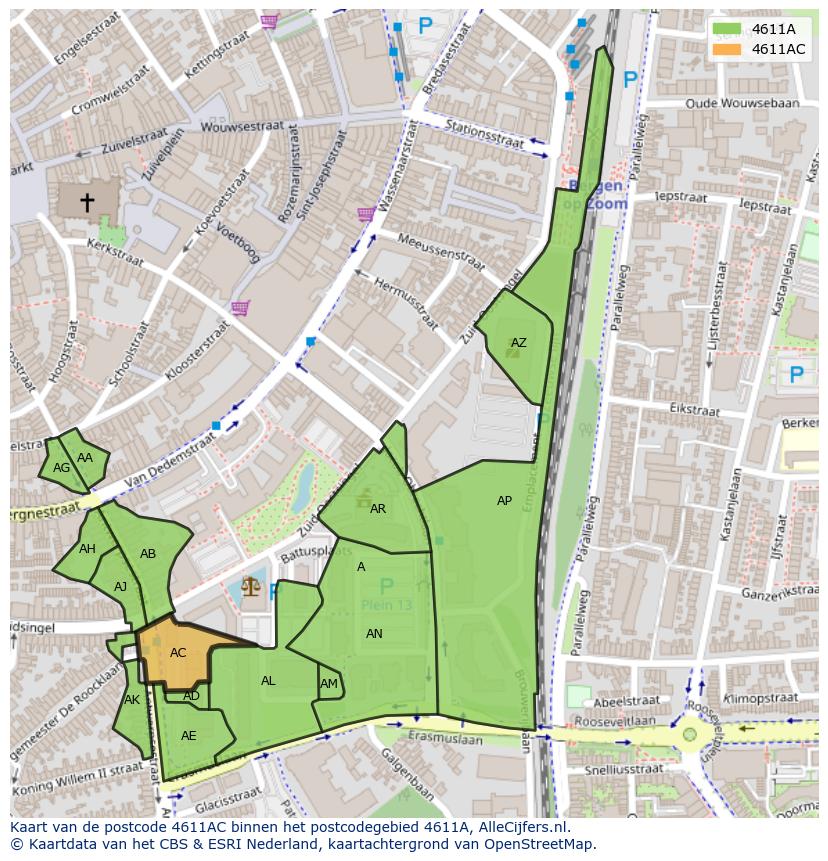 Afbeelding van het postcodegebied 4611 AC op de kaart.