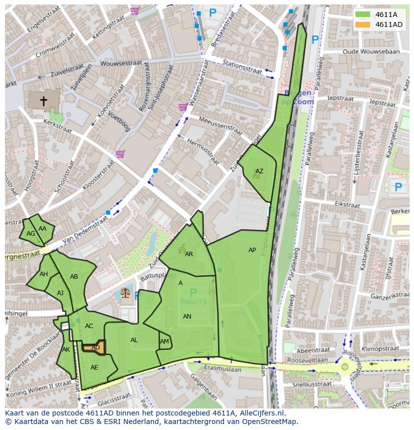 Afbeelding van het postcodegebied 4611 AD op de kaart.