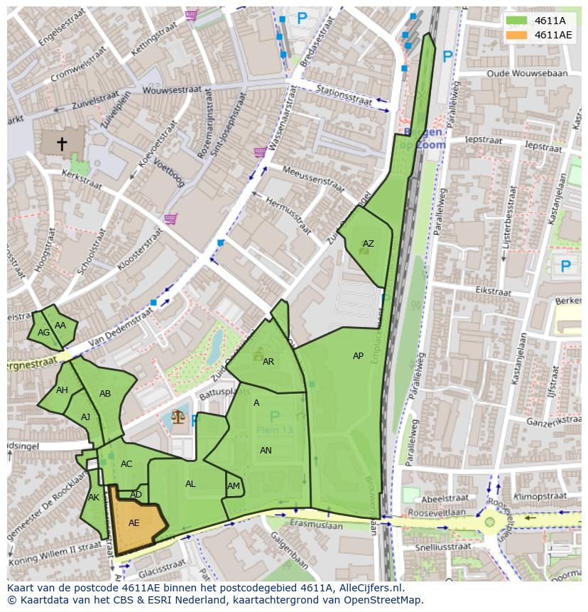 Afbeelding van het postcodegebied 4611 AE op de kaart.
