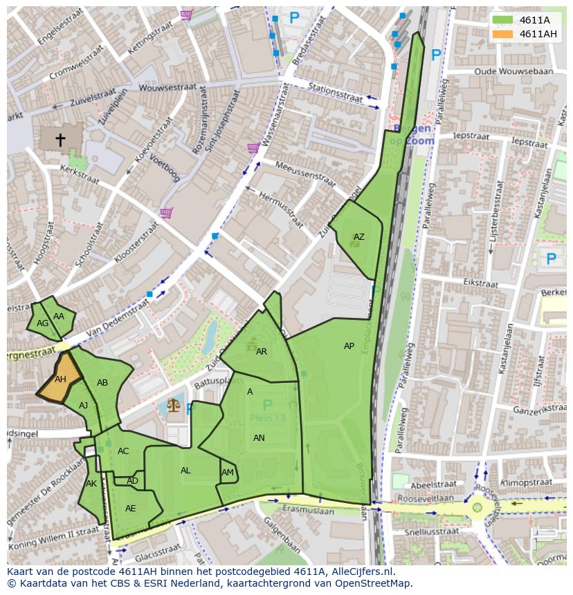 Afbeelding van het postcodegebied 4611 AH op de kaart.