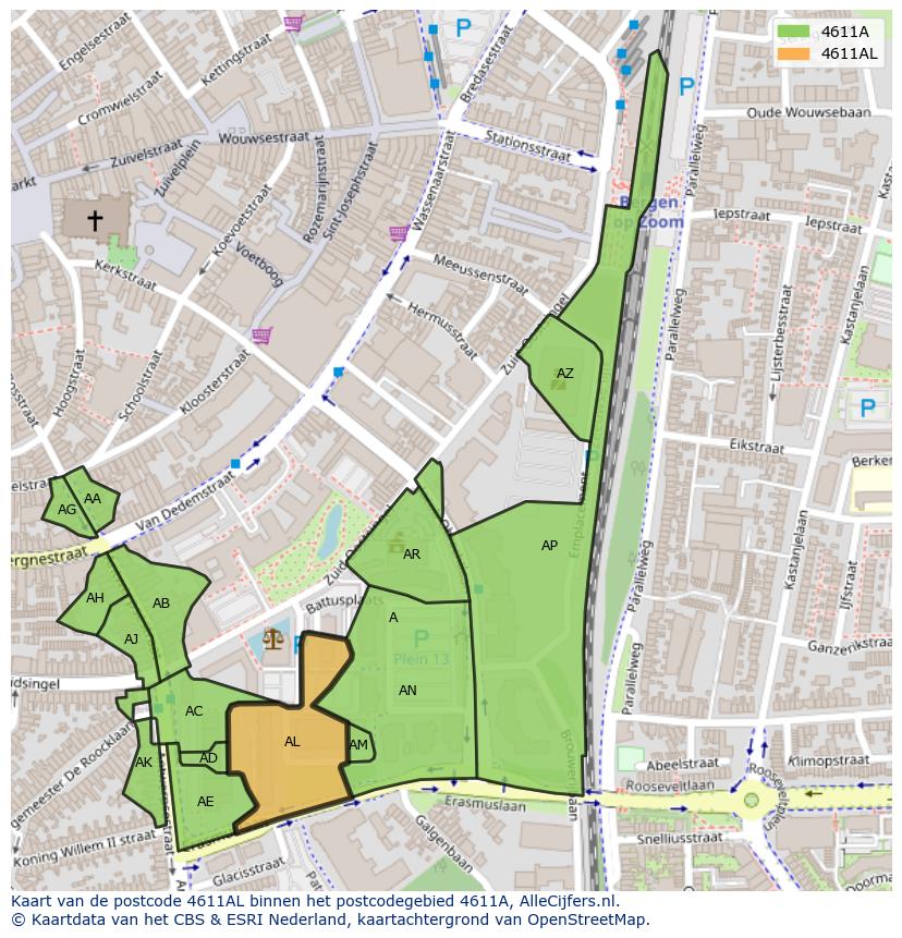 Afbeelding van het postcodegebied 4611 AL op de kaart.