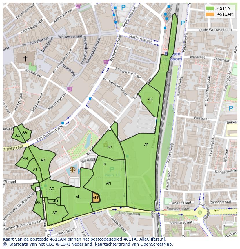 Afbeelding van het postcodegebied 4611 AM op de kaart.