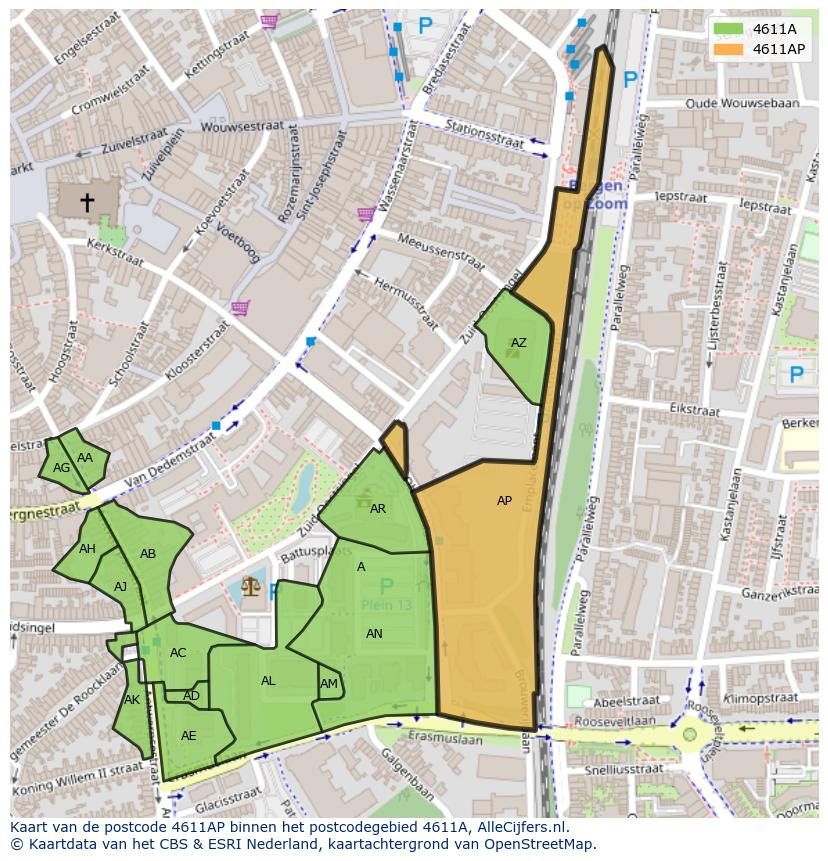 Afbeelding van het postcodegebied 4611 AP op de kaart.