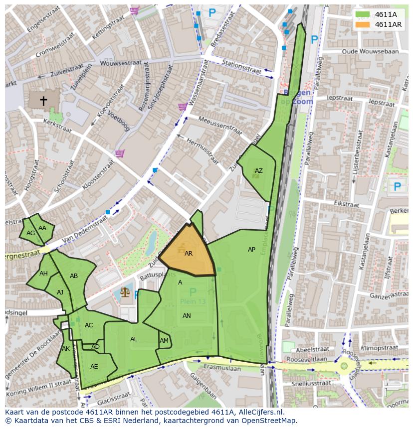 Afbeelding van het postcodegebied 4611 AR op de kaart.