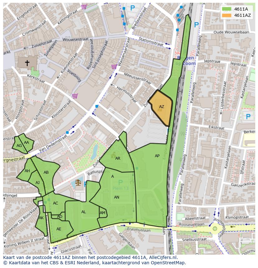 Afbeelding van het postcodegebied 4611 AZ op de kaart.