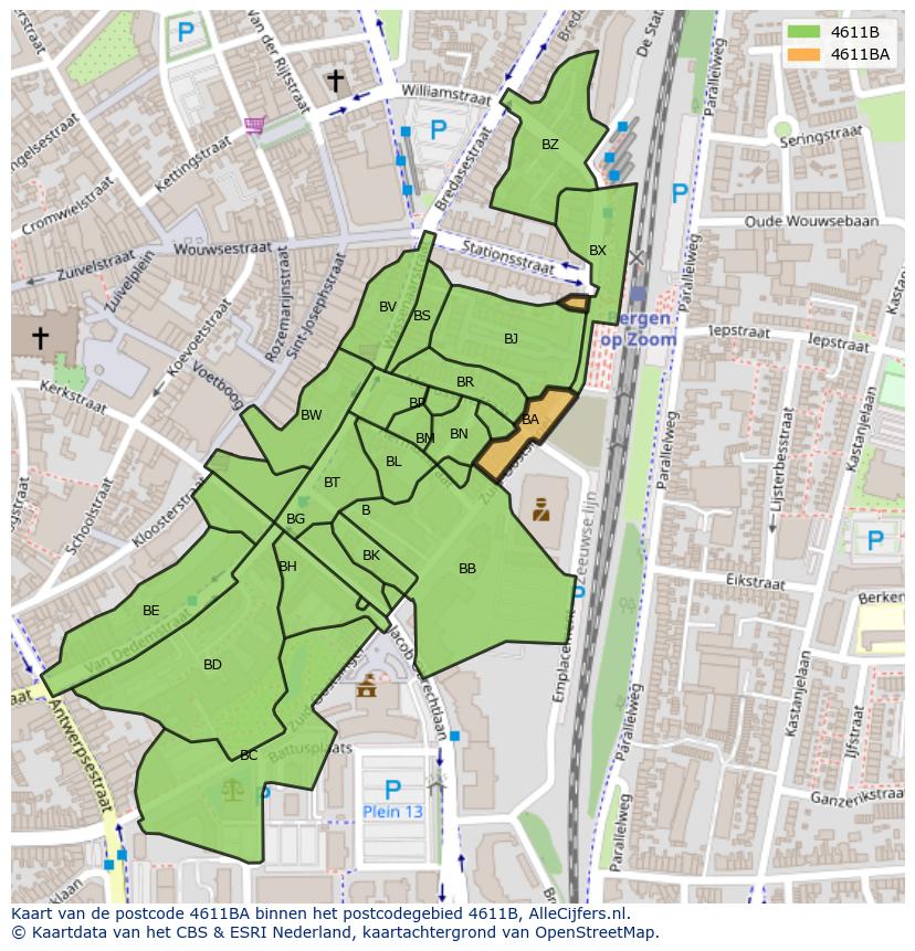 Afbeelding van het postcodegebied 4611 BA op de kaart.