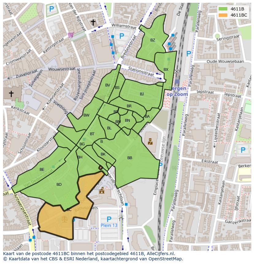 Afbeelding van het postcodegebied 4611 BC op de kaart.