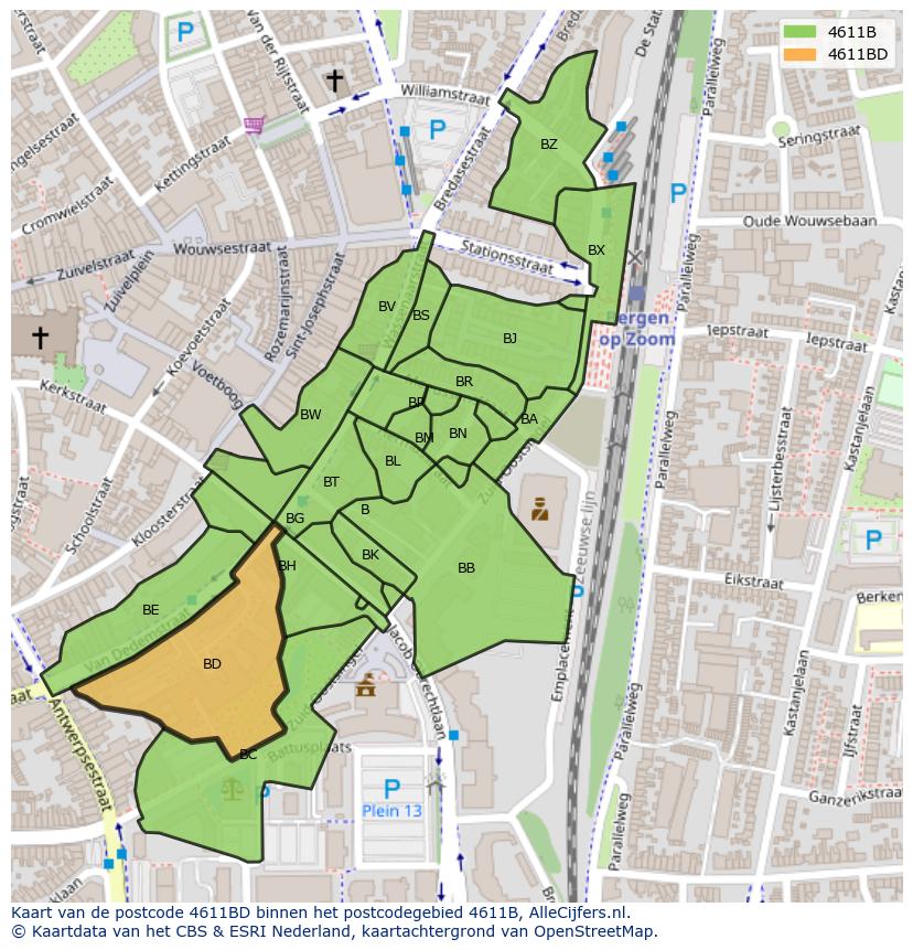 Afbeelding van het postcodegebied 4611 BD op de kaart.