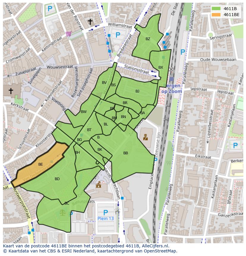 Afbeelding van het postcodegebied 4611 BE op de kaart.