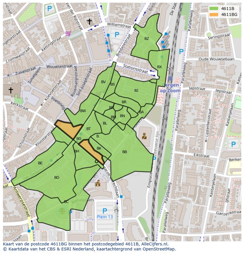 Afbeelding van het postcodegebied 4611 BG op de kaart.