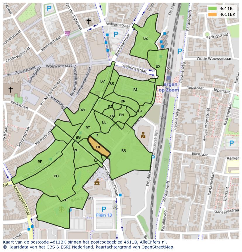 Afbeelding van het postcodegebied 4611 BK op de kaart.