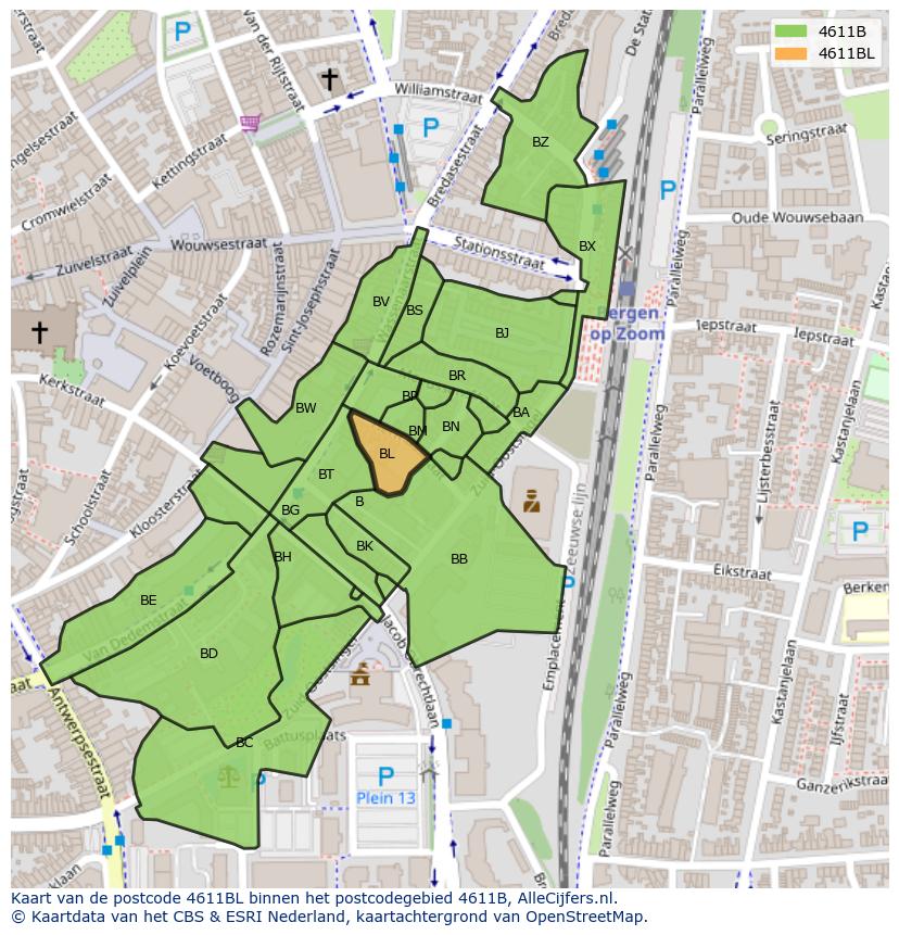 Afbeelding van het postcodegebied 4611 BL op de kaart.