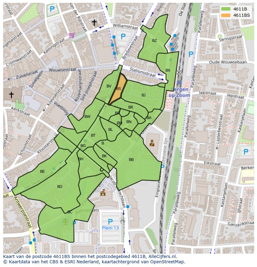 Afbeelding van het postcodegebied 4611 BS op de kaart.