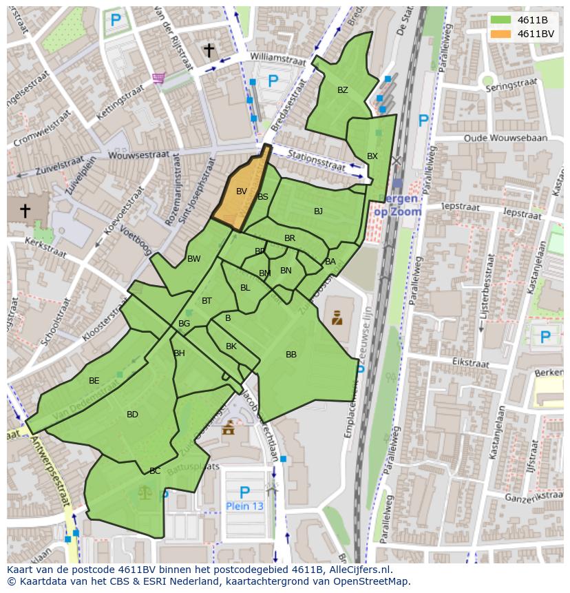 Afbeelding van het postcodegebied 4611 BV op de kaart.