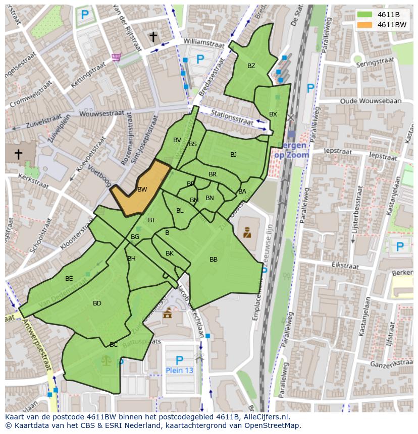 Afbeelding van het postcodegebied 4611 BW op de kaart.