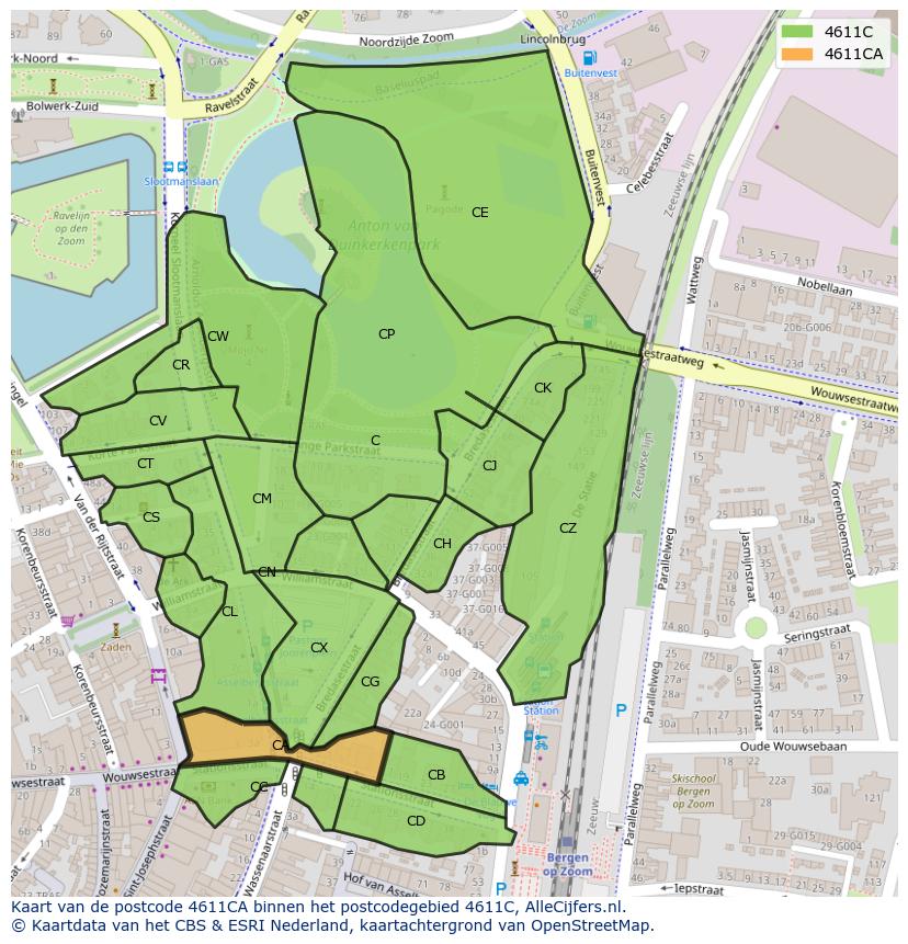 Afbeelding van het postcodegebied 4611 CA op de kaart.
