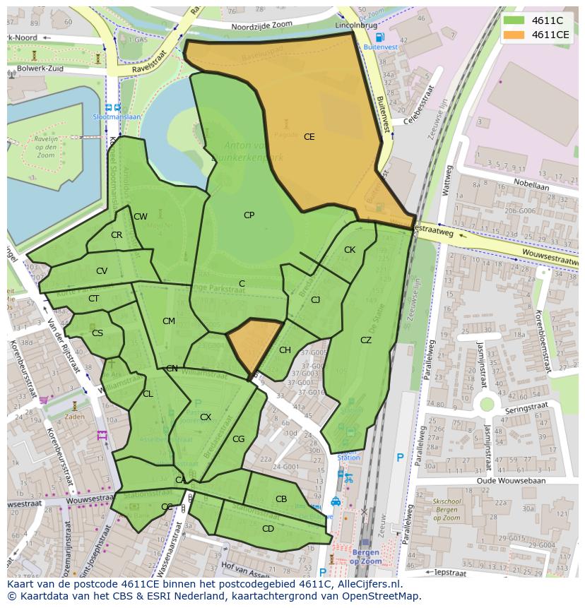 Afbeelding van het postcodegebied 4611 CE op de kaart.