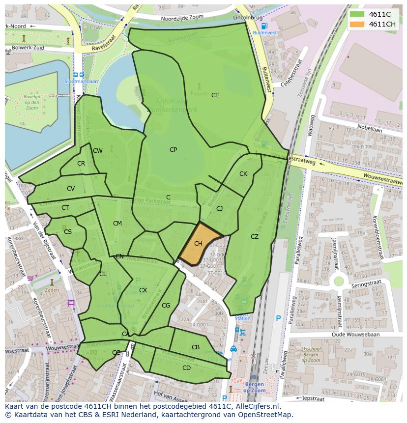 Afbeelding van het postcodegebied 4611 CH op de kaart.
