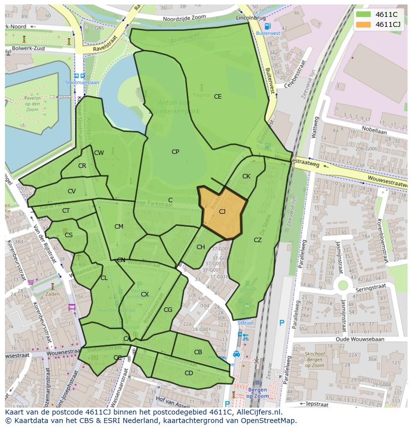 Afbeelding van het postcodegebied 4611 CJ op de kaart.