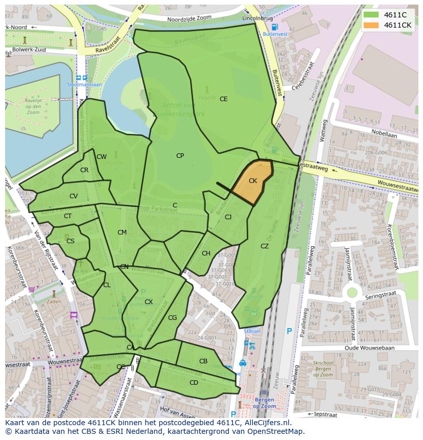 Afbeelding van het postcodegebied 4611 CK op de kaart.