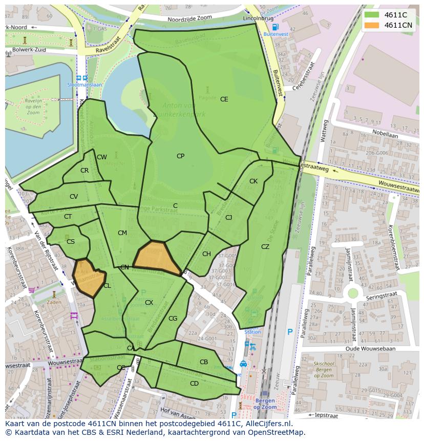 Afbeelding van het postcodegebied 4611 CN op de kaart.