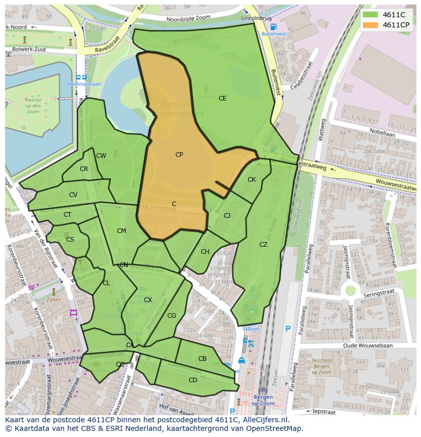 Afbeelding van het postcodegebied 4611 CP op de kaart.